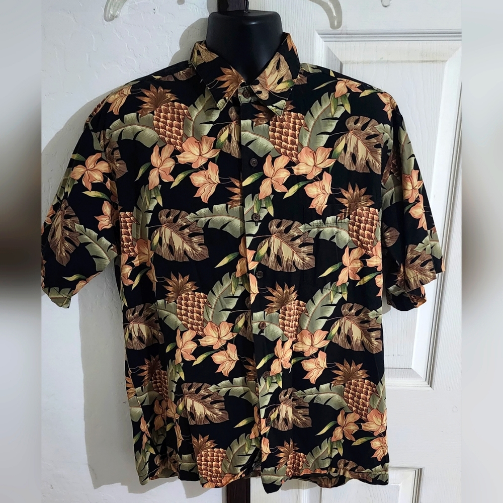 Tori Richard Hawaiian Shirt Men L Blk Pineapple Palm Trees Short Sleeve Vintage‎